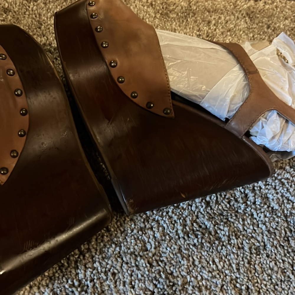Steve Madden brown wooden platform wedge sandals leather upper style Wachme 8.5 - Picture 8 of 14